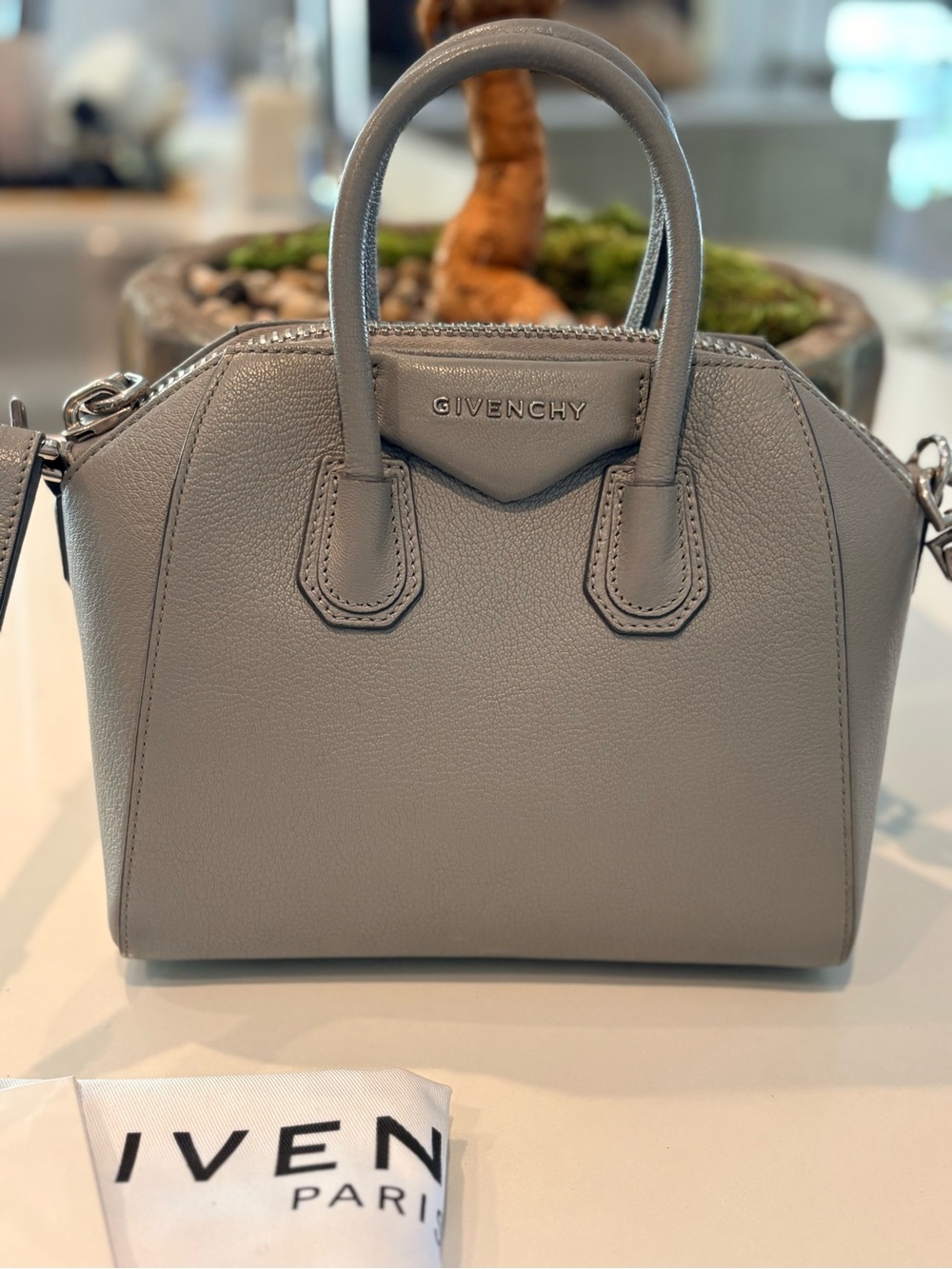 Givenchy Pearl Gray Antigona Leather Satchel Bag.